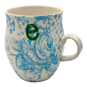 Anthropologie Homegrown Blue Flowers & Birds e Initial Monogram Coffee Mug Cup